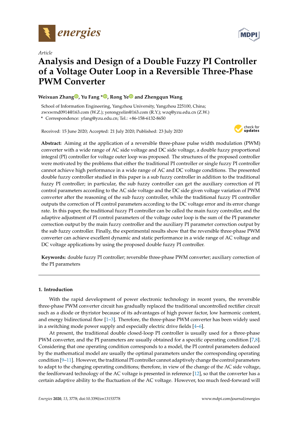 Analysis and Design of a Double Fuzzy PI Controller of a Voltage Outer Loop in a Reversible Three-Phase PWM Converter