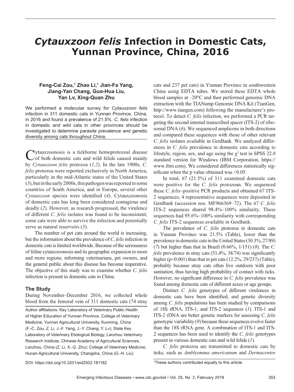 Cytauxzoon Felis Infection in Domestic Cats, Yunnan Province, China, 2016