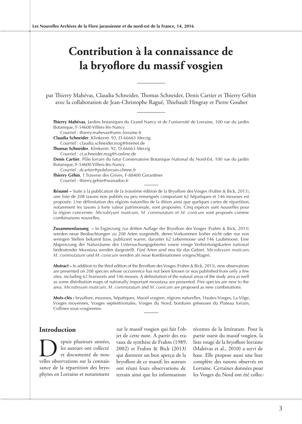 Contribution À La Connaissance De La Bryoflore Du Massif Vosgien