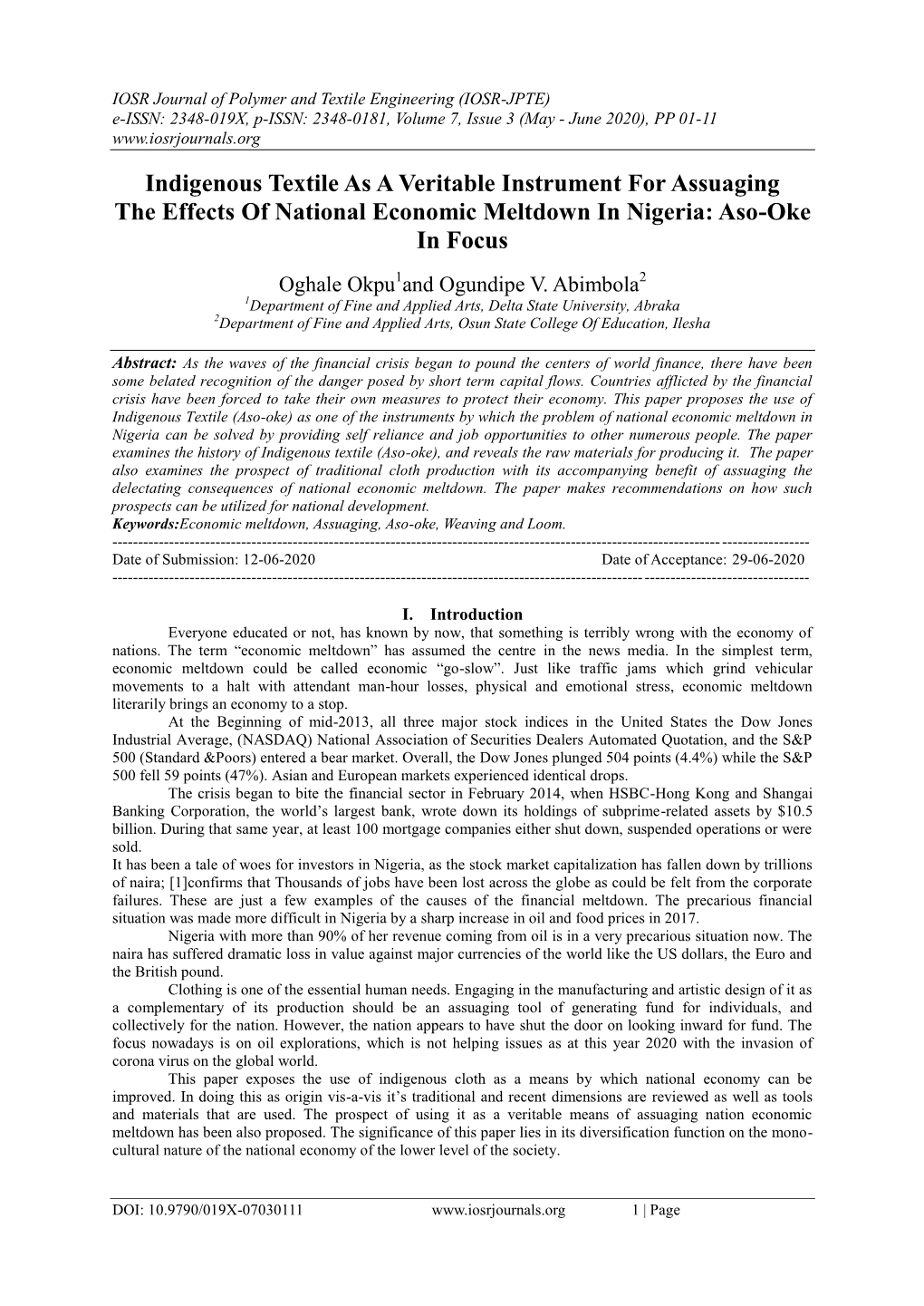 Indigenous Textile As a Veritable Instrument for Assuaging the Effects of National Economic Meltdown in Nigeria: Aso-Oke in Focus