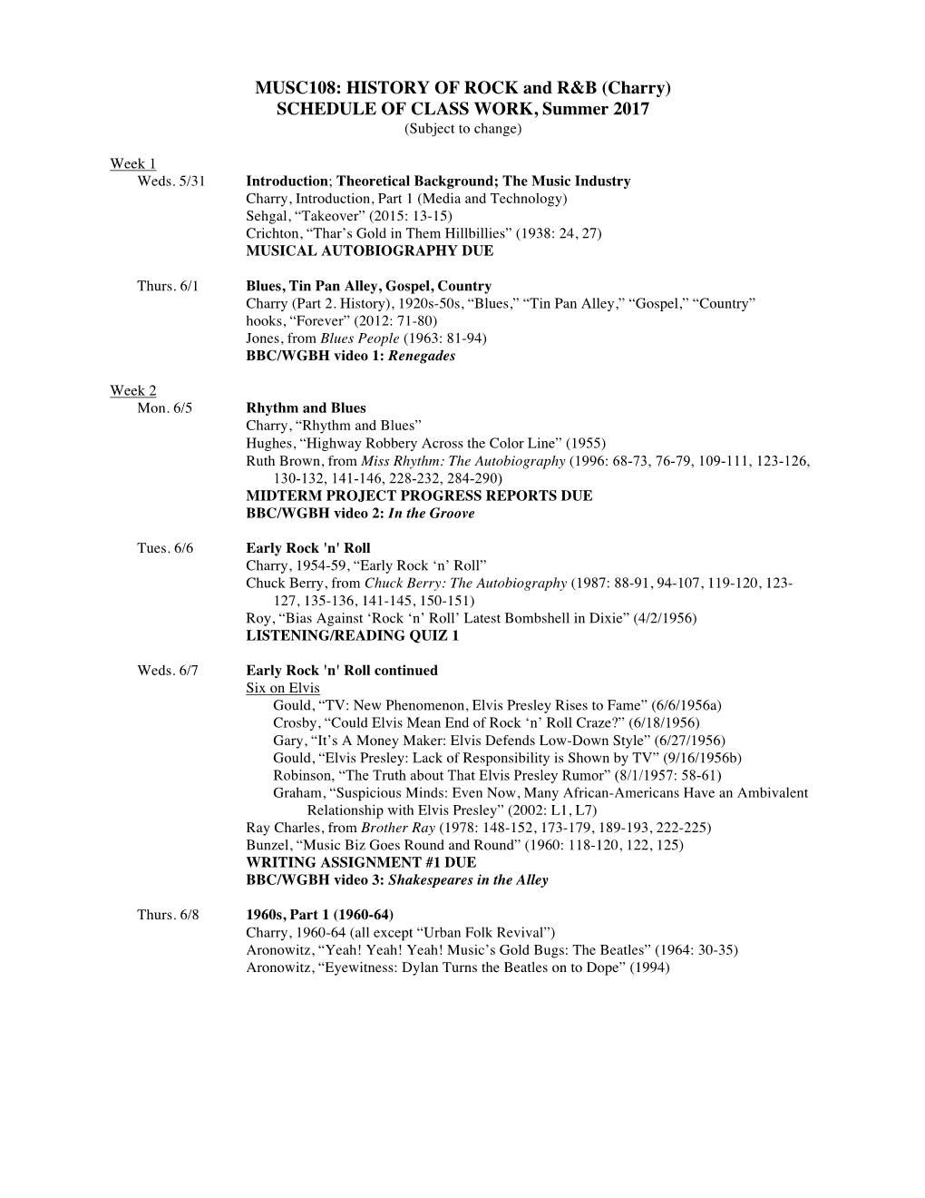 Charry) SCHEDULE of CLASS WORK, Summer 2017 (Subject to Change)