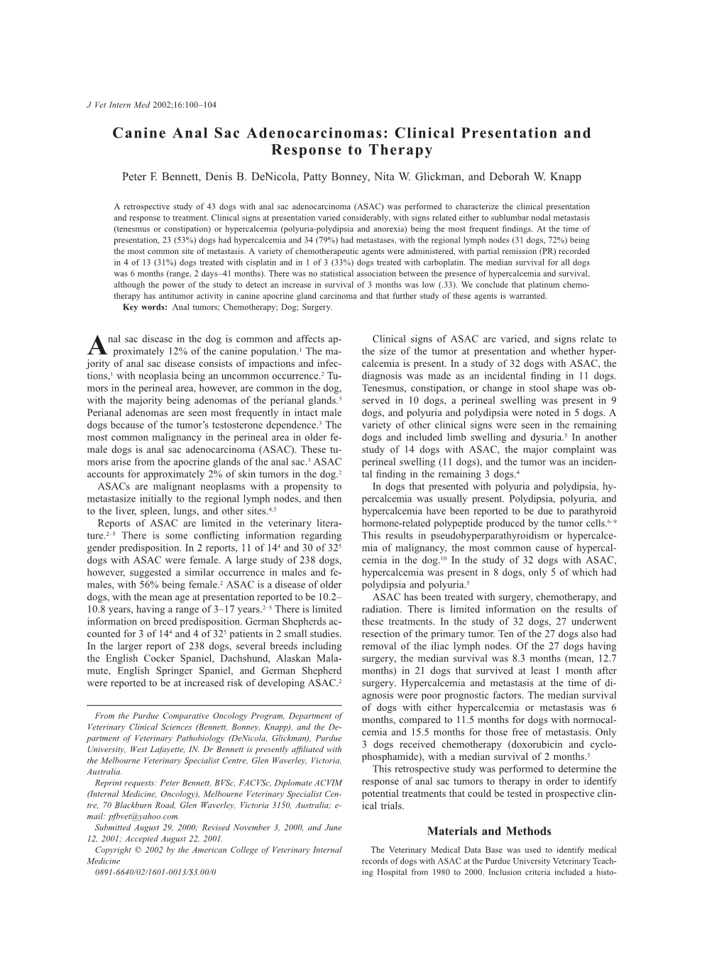 Canine Anal Sac Adenocarcinomas: Clinical Presentation and Response to Therapy