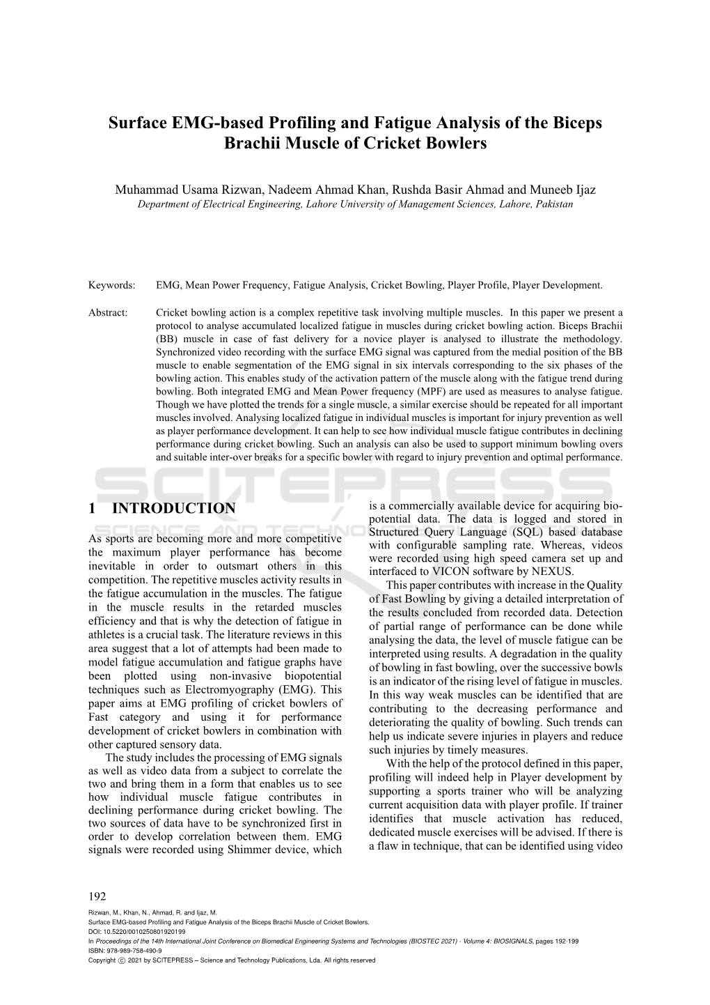 Surface EMG-Based Profiling and Fatigue Analysis of the Biceps Brachii Muscle of Cricket Bowlers