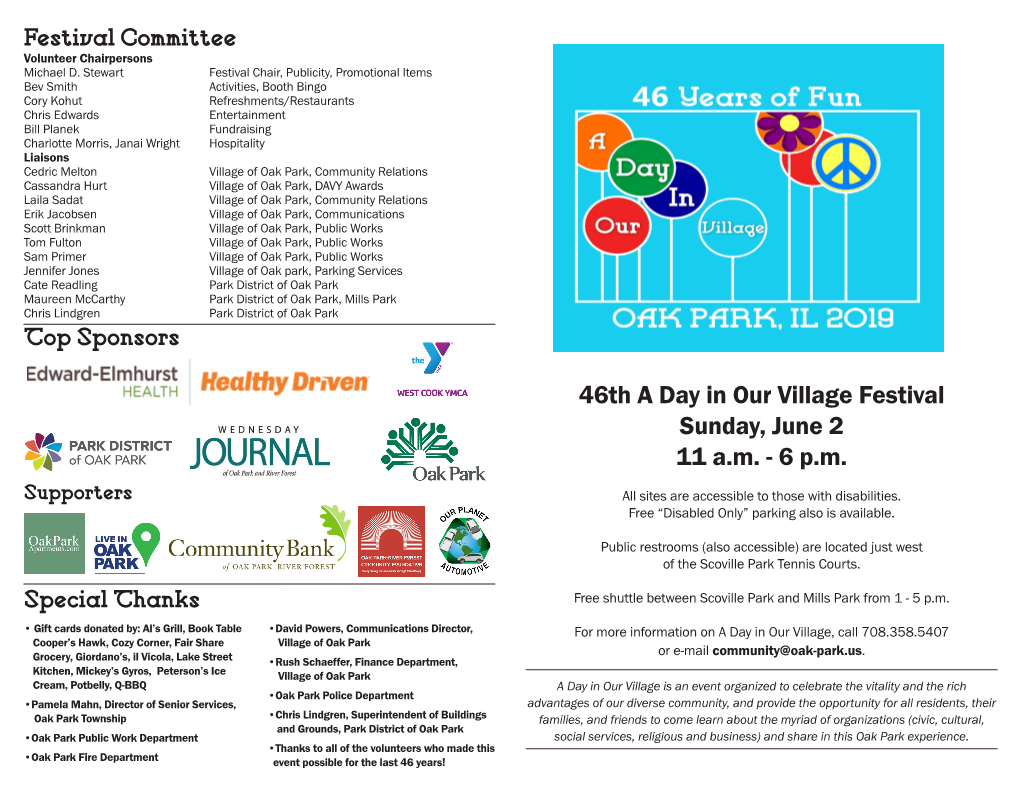 46Th a Day in Our Village Festival Sunday, June 2 11 A.M