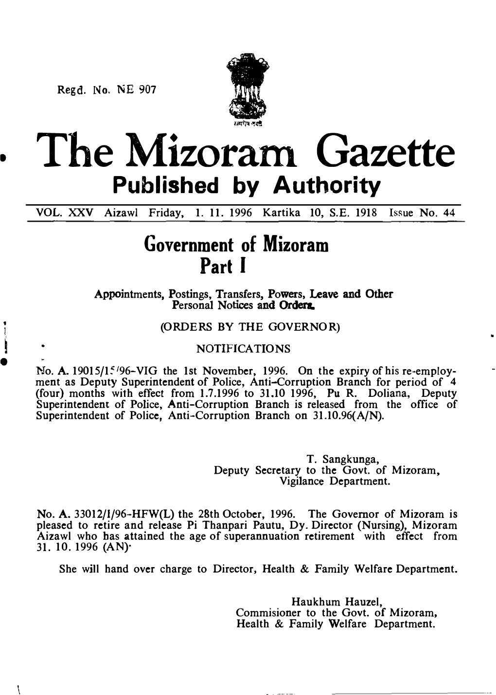 The Mizoram Gazette Published by Authority