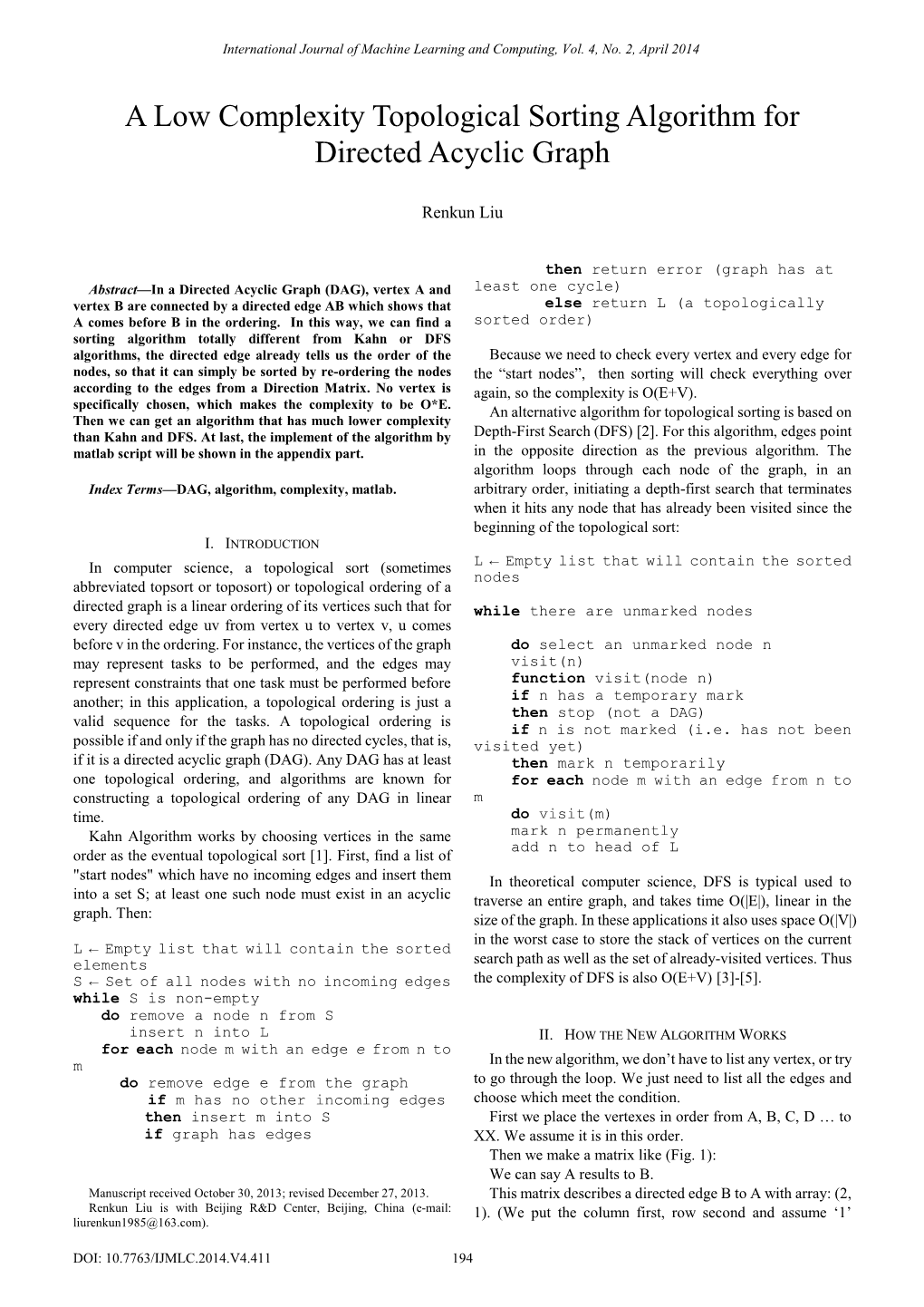 A Low Complexity Topological Sorting Algorithm for Directed Acyclic Graph