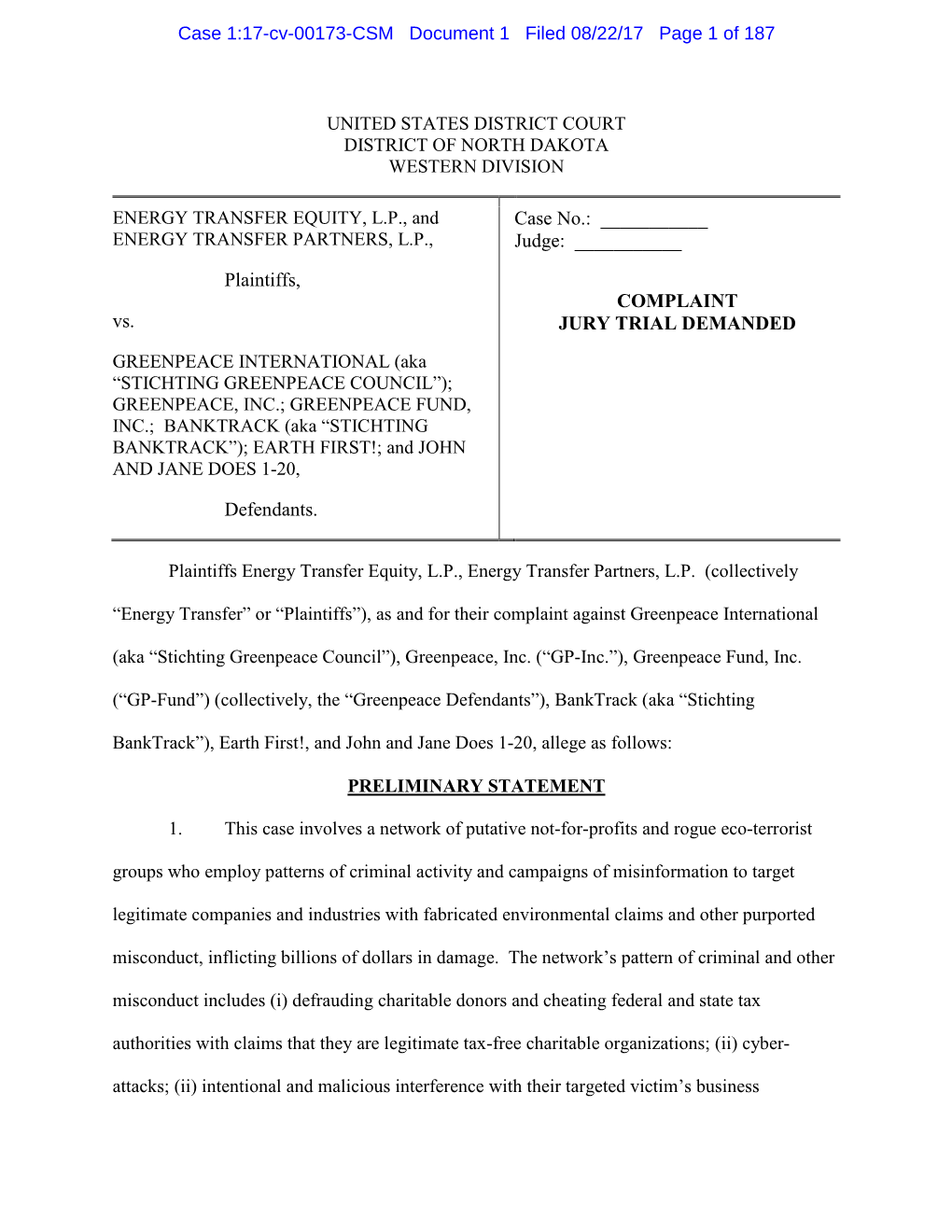 Case 1:17-Cv-00173-CSM Document 1 Filed 08/22/17 Page 1 of 187