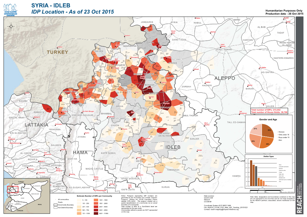 SYRIA - IDLEB Humanitarian Purposes Only IDP Location - As of 23 Oct 2015 Production Date : 26 Oct 2015