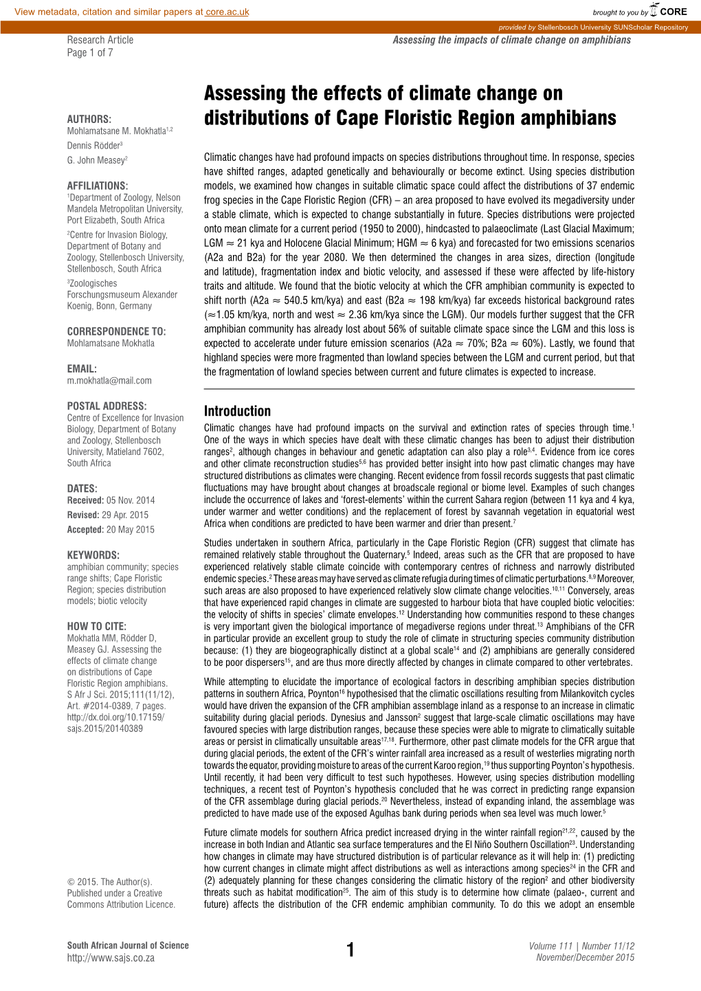 Assessing the Effects of Climate Change on Distributions of Cape