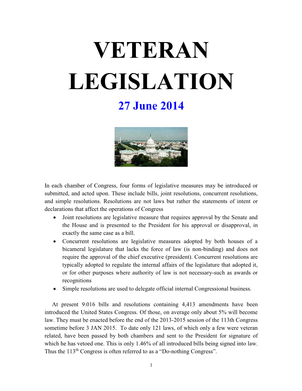 VETERAN LEGISLATION 27 June 2014