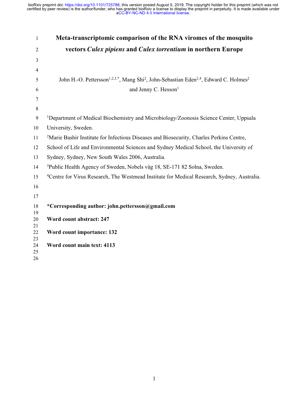 Meta-Transcriptomic Comparison of the RNA Viromes of the Mosquito Vectors Culex Pipiens and Culex Torrentium in Northern Europe