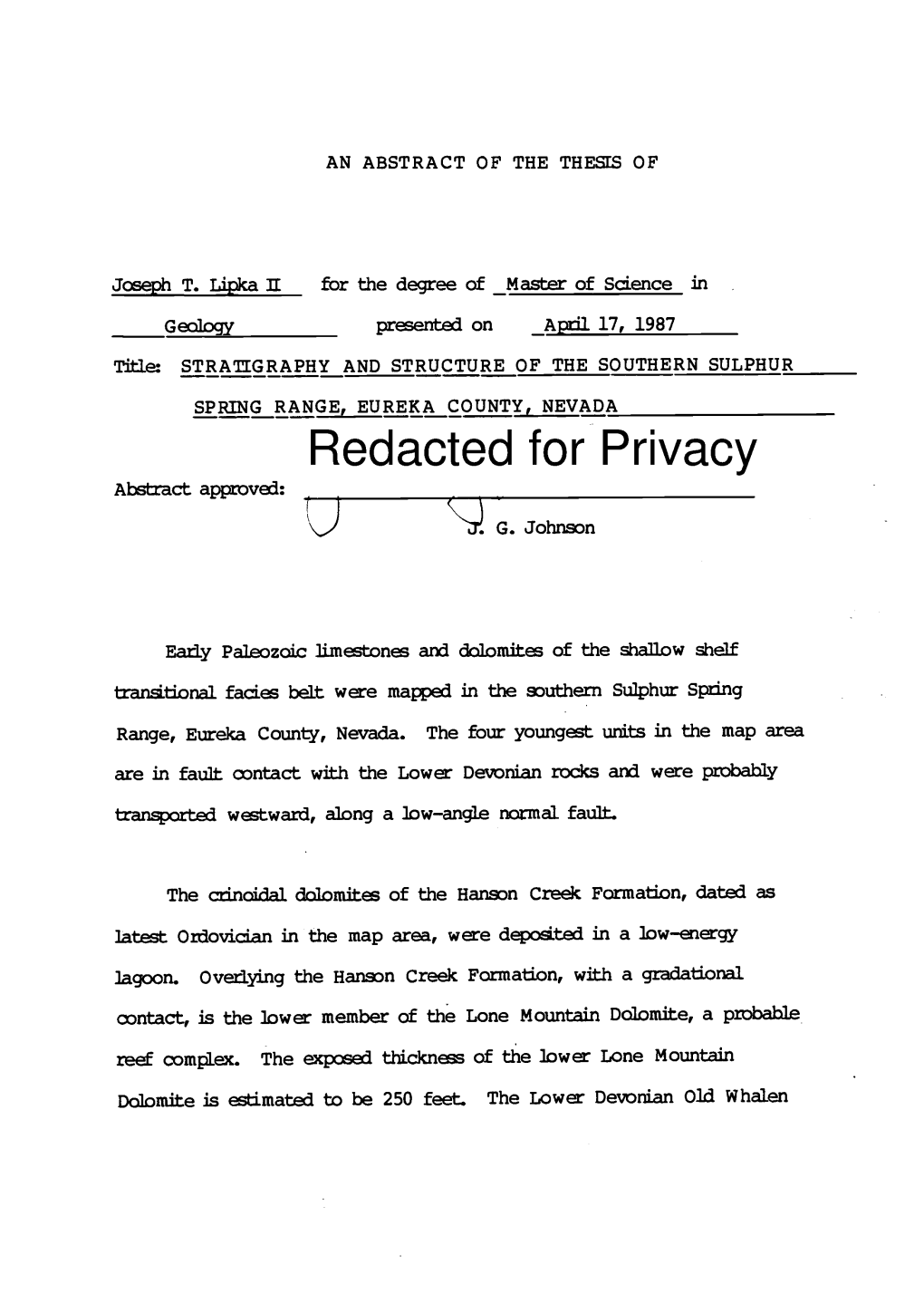 STRATIGRAPHY and STRUCTURE of the SOUTHERN SULPHUR SPRING RANGE, EUREKA COUNTY, NEVADA Redacted for Privacy Abstract Approved: U G