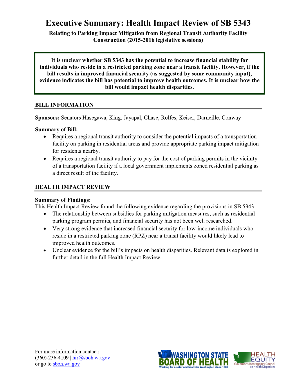 Health Impact Review of SB 5343 Relating to Parking Impact Mitigation from Regional Transit Authority Facility Construction (2015-2016 Legislative Sessions)