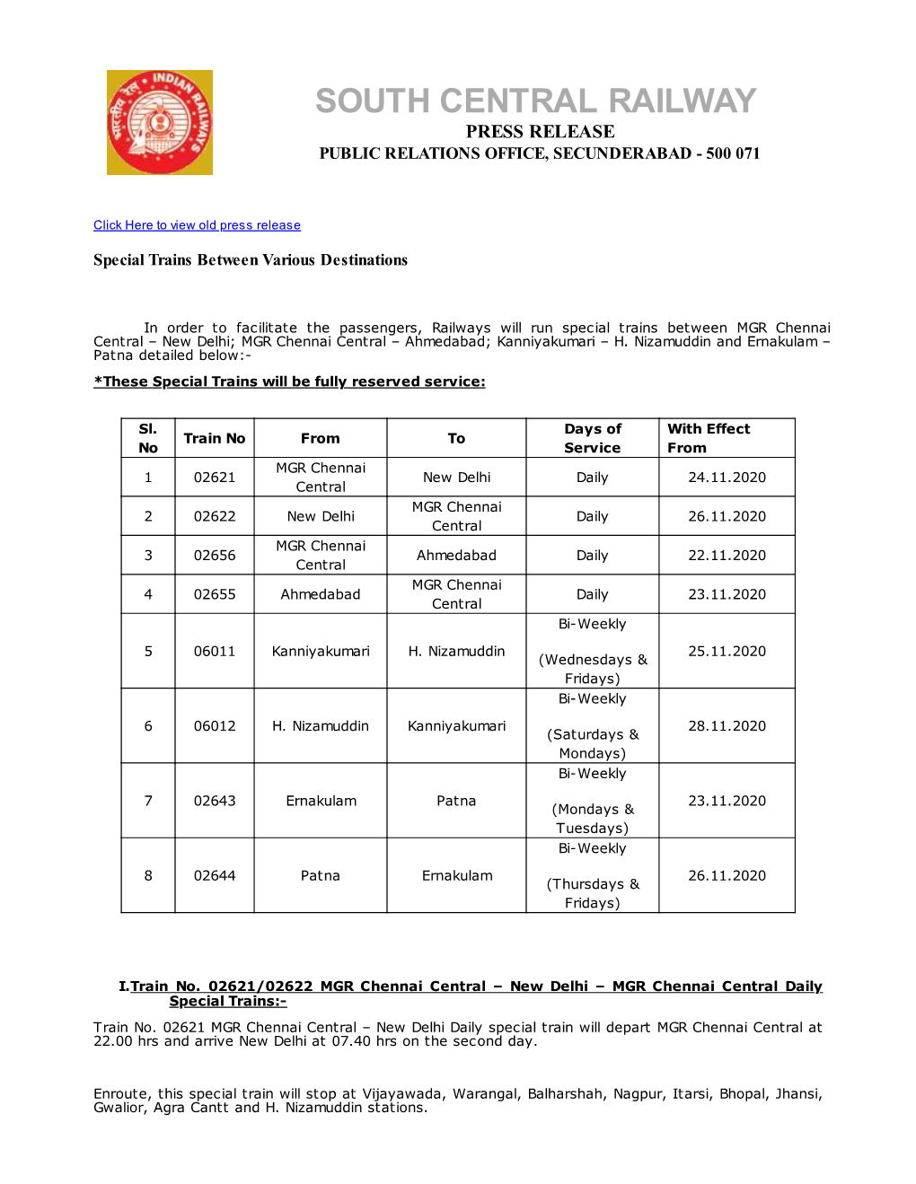 South Central Railway Press Release Public Relations Office, Secunderabad - 500 071