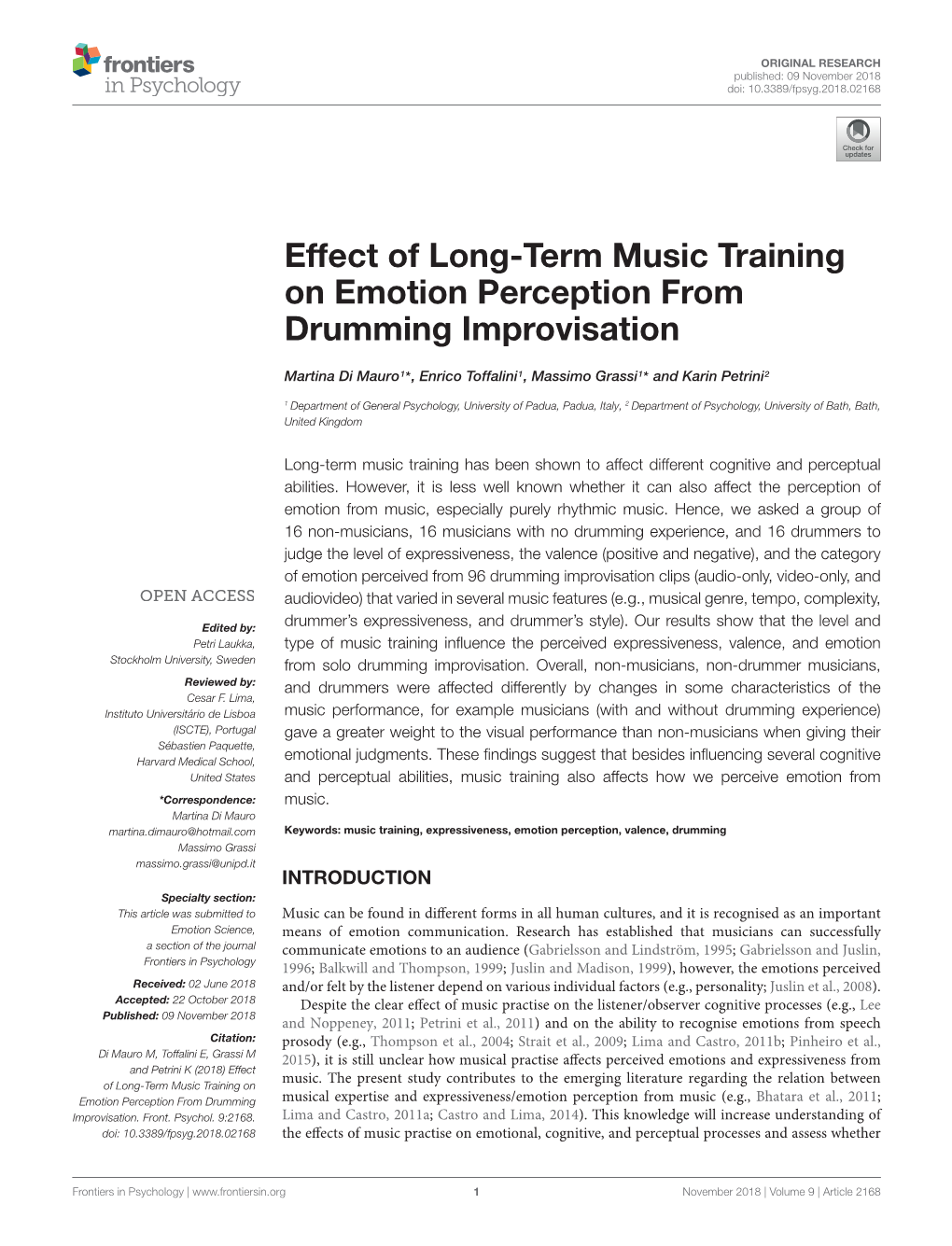 Effect of Long-Term Music Training on Emotion Perception from Drumming Improvisation