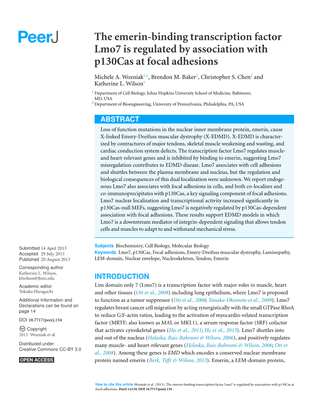 The Emerin-Binding Transcription Factor Lmo7 Is Regulated by Association with P130cas at Focal Adhesions