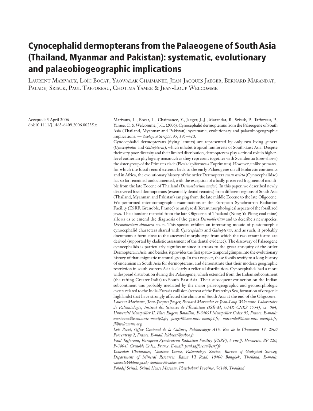 Cynocephalid Dermopterans from the Palaeogene of South Asia (Thailand, Myanmar and Pakistan): Systematic, Evolutionary and Palaeobiogeographic Implications