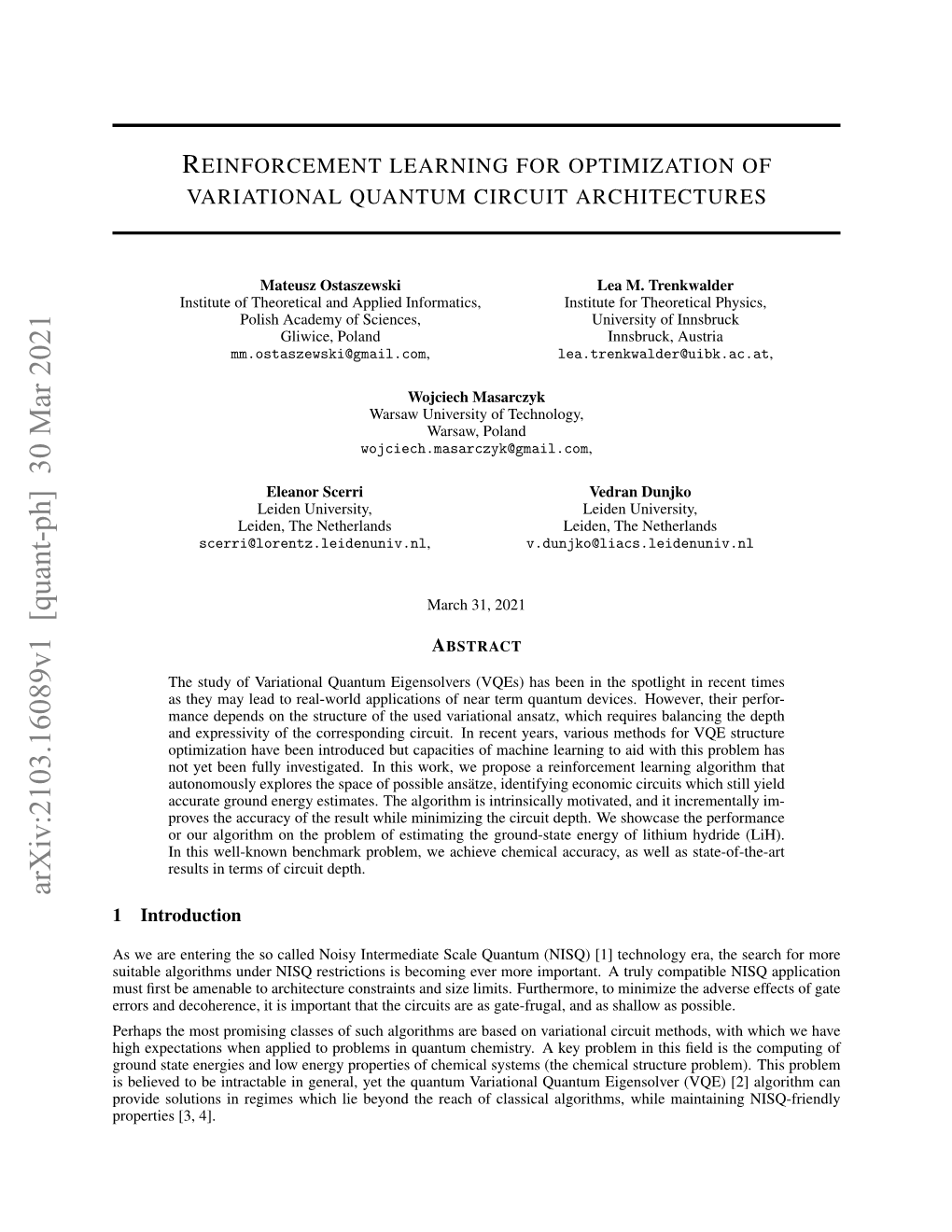 Reinforcement Learning for Optimization of Variational Quantum Circuit Architectures”