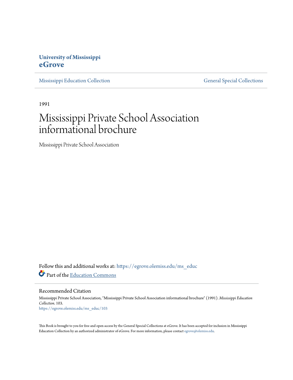 Mississippi Private School Association Informational Brochure Mississippi Private School Association