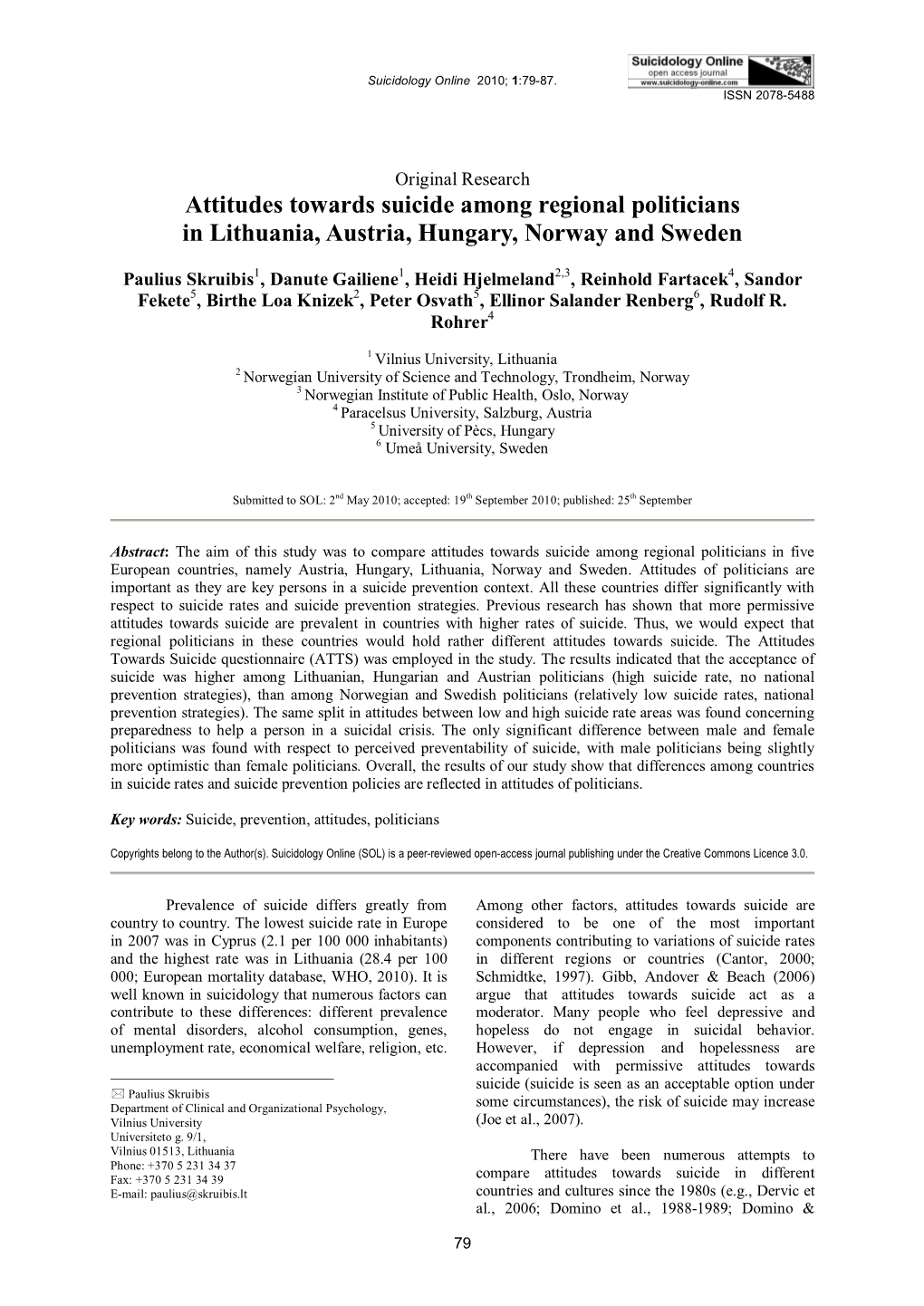 Attitudes Towards Suicide Among Regional Politicians in Lithuania, Austria, Hungary, Norway and Sweden