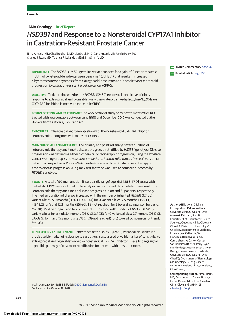 HSD3B1 and Response to a Nonsteroidal CYP17A1 Inhibitor in Castration-Resistant Prostate Cancer