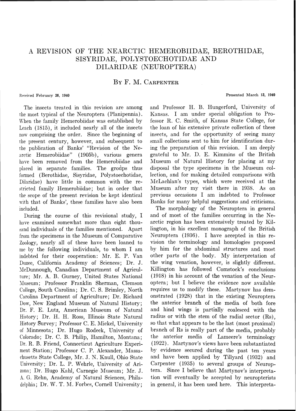 X Revisiok of the Nearctic Hemerobiidae, Berothidae, Sisyridae, Polys'i'oechotidae and Dilaridae (Neuroptera)