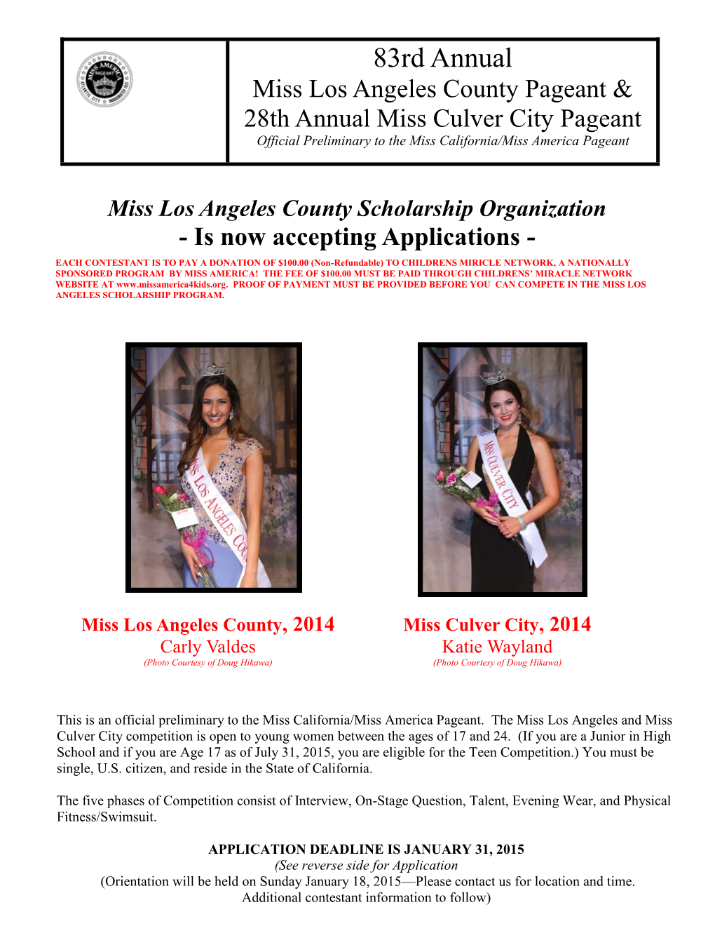 83Rd Annual Miss Los Angeles County Pageant & 28Th Annual Miss Culver City Pageant Official Preliminary to the Miss California/Miss America Pageant