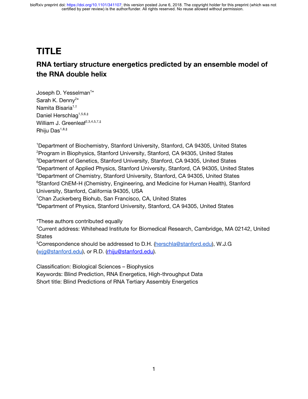 RNA Tertiary Structure Energetics Predicted by an Ensemble Model of the RNA Double Helix