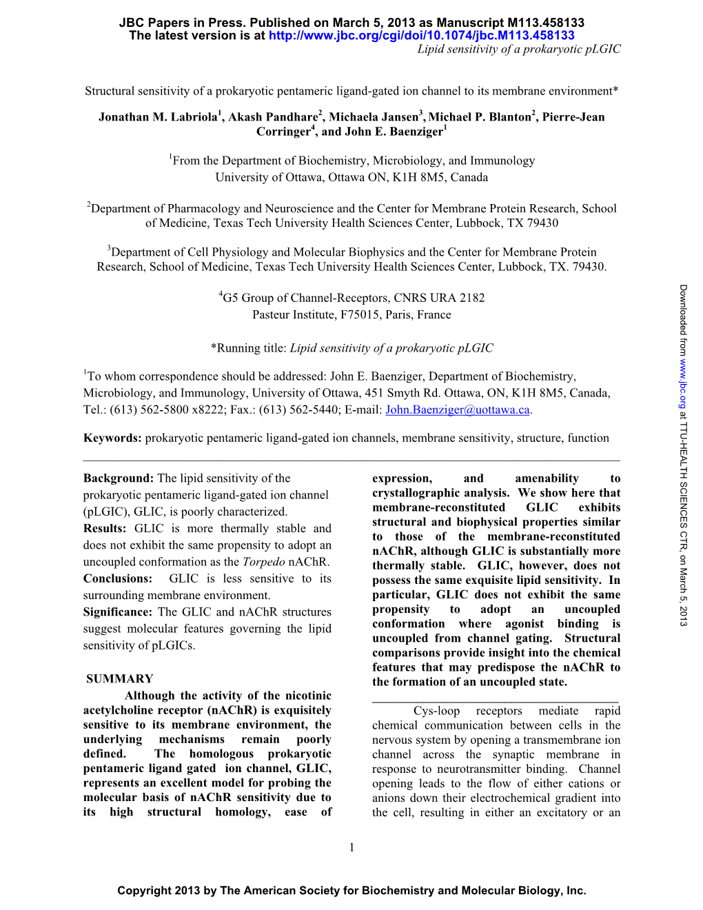 Lipid Sensitivity of a Prokaryotic Plgic 1 Structural Sensitivity of a Prokaryotic Pentameric Ligand-Gated Ion Channel To