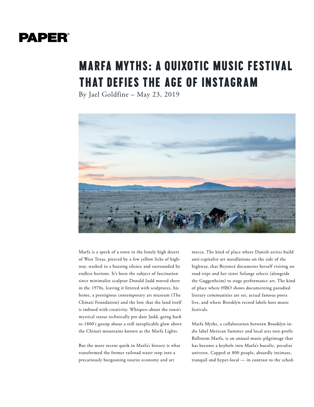Paper «Marfa Myths: a Quixotic Music Festival That Defies the Age Of