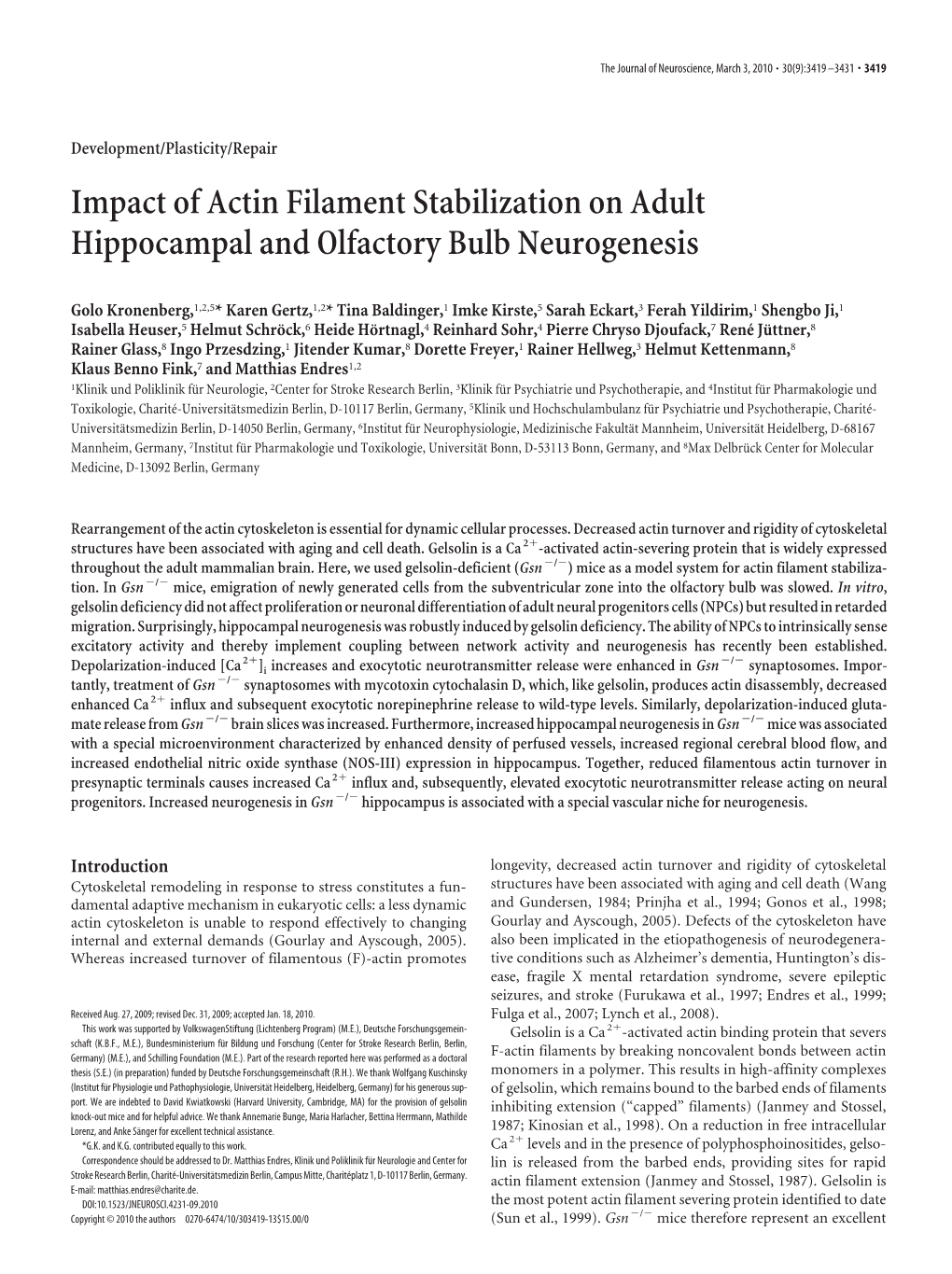 Impact of Actin Filament Stabilization on Adult Hippocampal and Olfactory Bulb Neurogenesis