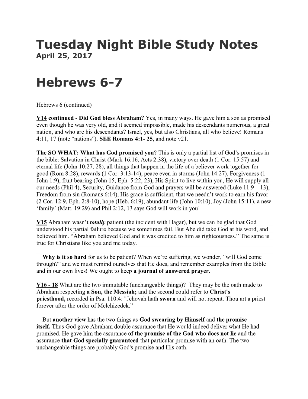 Tuesday Night Bible Study Notes Hebrews