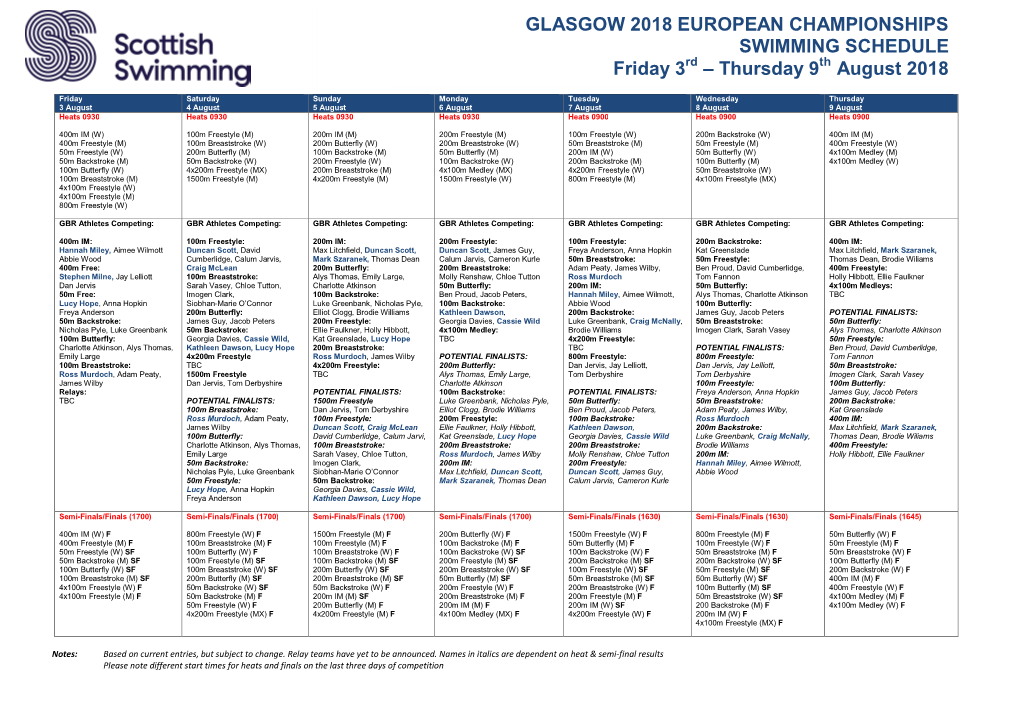 GLASGOW 2018 EUROPEAN CHAMPIONSHIPS SWIMMING SCHEDULE Rd Th Friday 3 – Thursday 9 August 2018