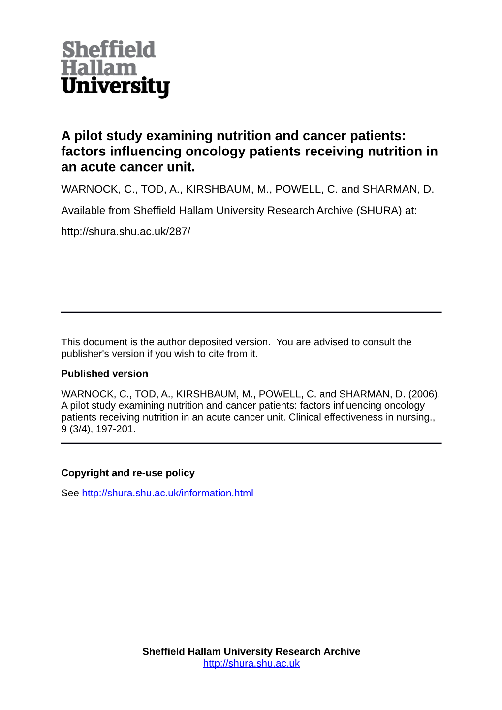 A Pilot Study Examining Nutrition and Cancer Patients: Factors Influencing Oncology Patients Receiving Nutrition in an Acute Cancer Unit