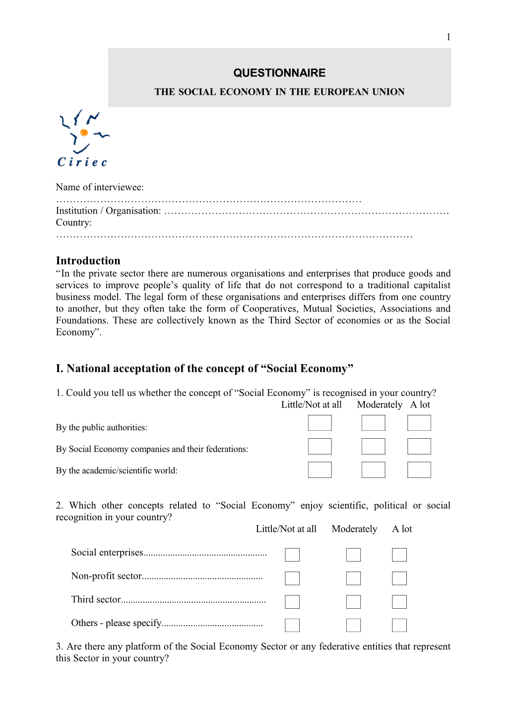 I. National Acceptation of the Concept of Social Economy