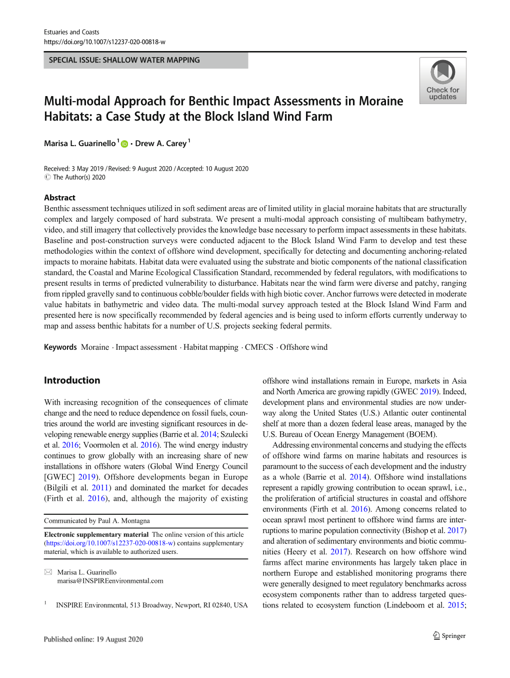 Multi-Modal Approach for Benthic Impact Assessments in Moraine Habitats: a Case Study at the Block Island Wind Farm