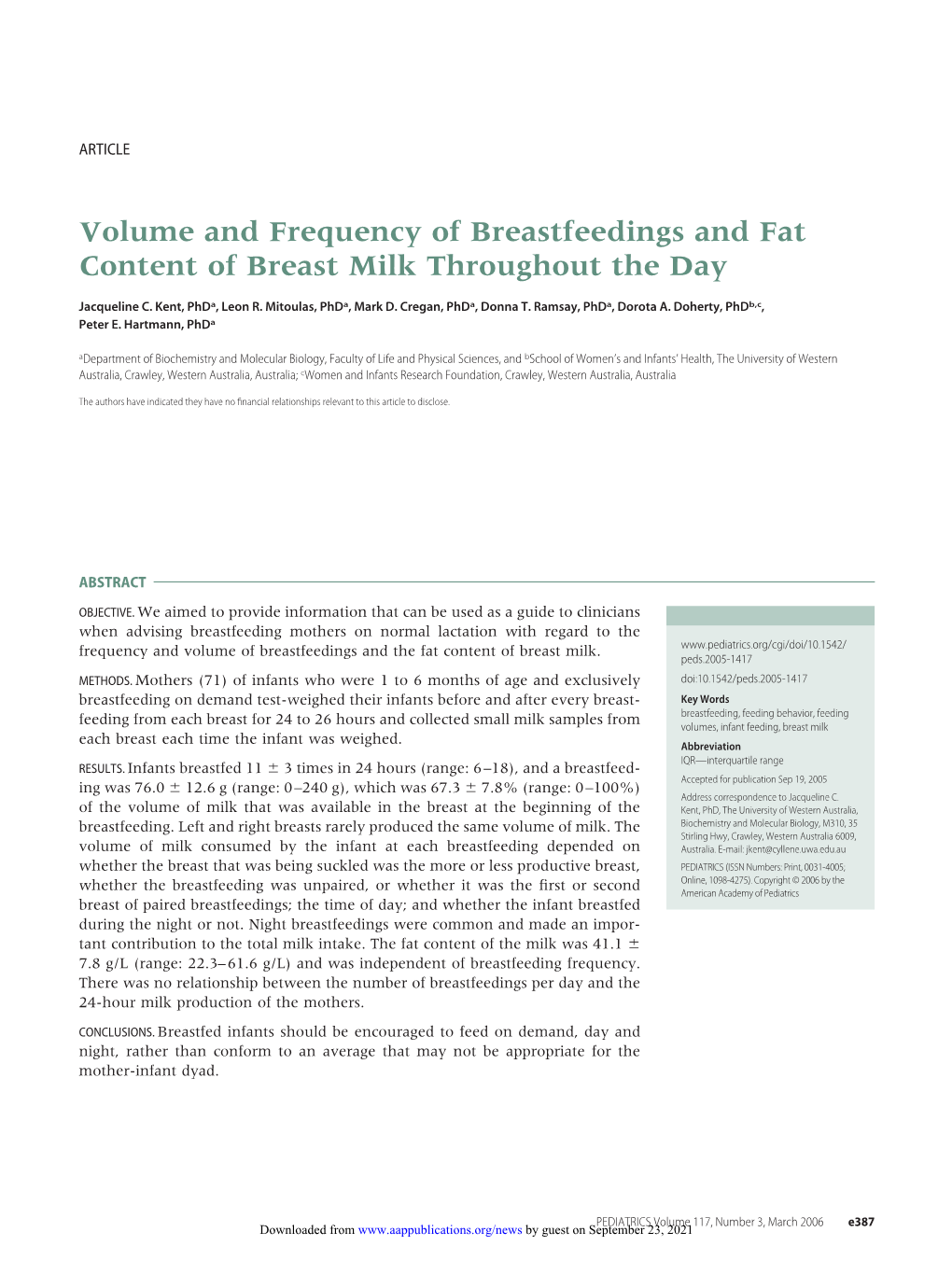 Volume and Frequency of Breastfeedings and Fat Content of Breast Milk Throughout the Day