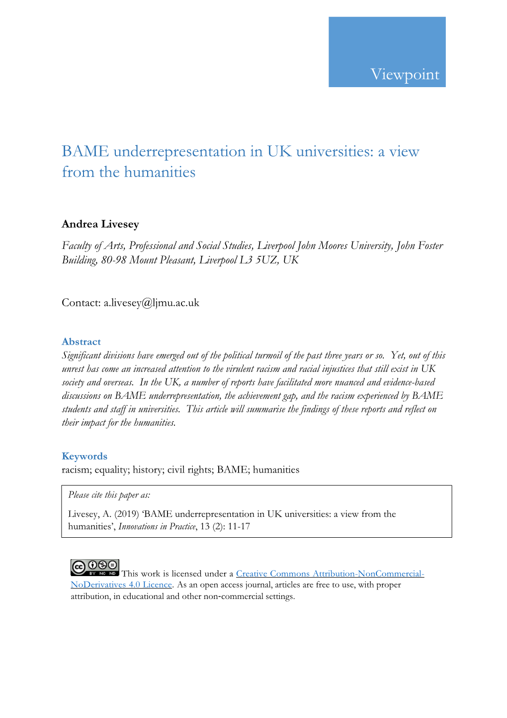 Viewpoint BAME Underrepresentation In