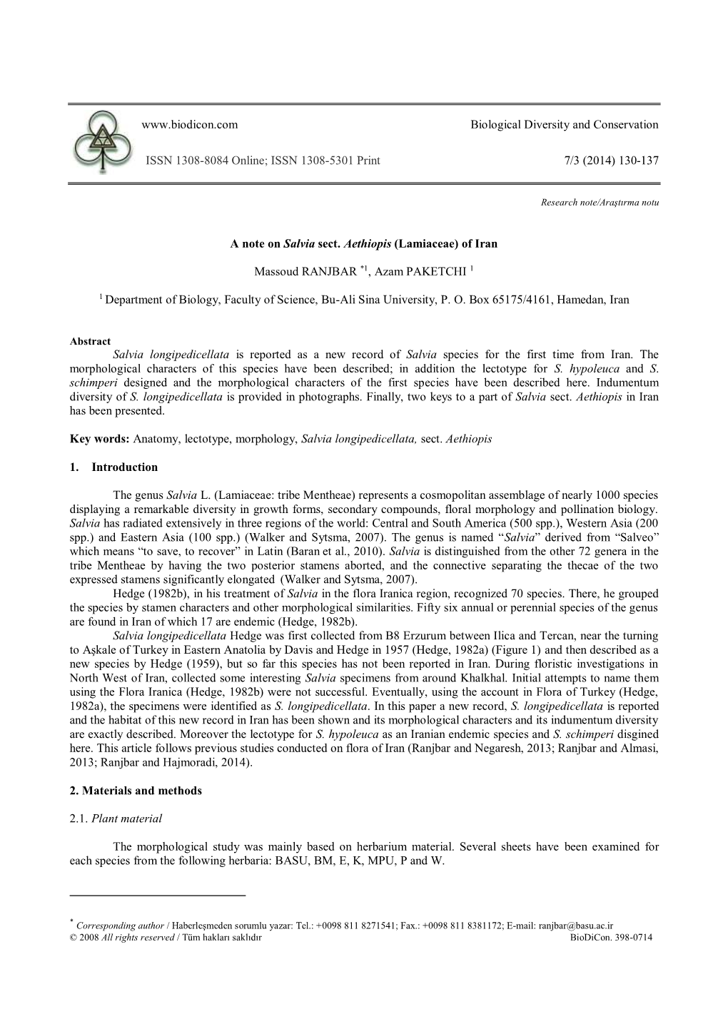 Biological Diversity and Conservation ISSN 1308-8084 Online; ISSN 1308-5301 Print 7/3 (2014) 130-137 a Note