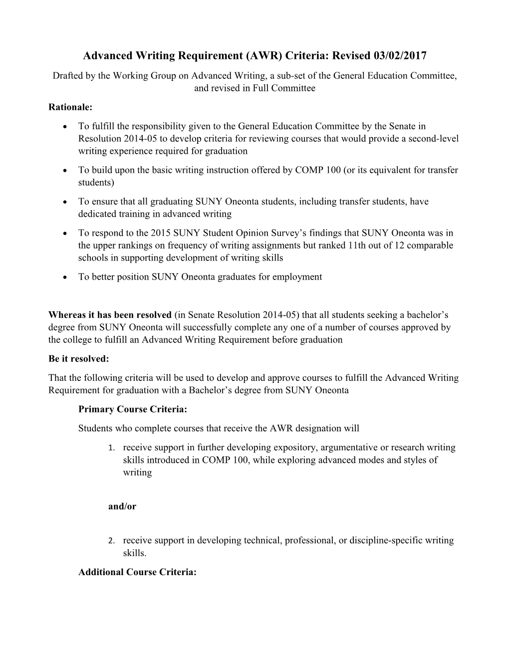 Advanced Writing Requirement (AWR) Criteria: Revised 03/02/2017