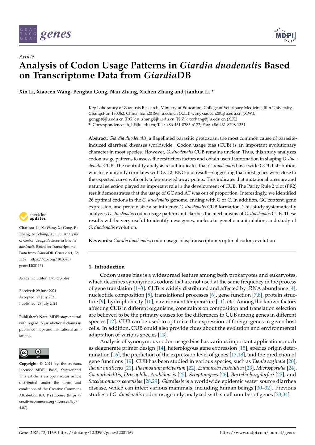 Analysis of Codon Usage Patterns in Giardia Duodenalis Based on Transcriptome Data from Giardiadb