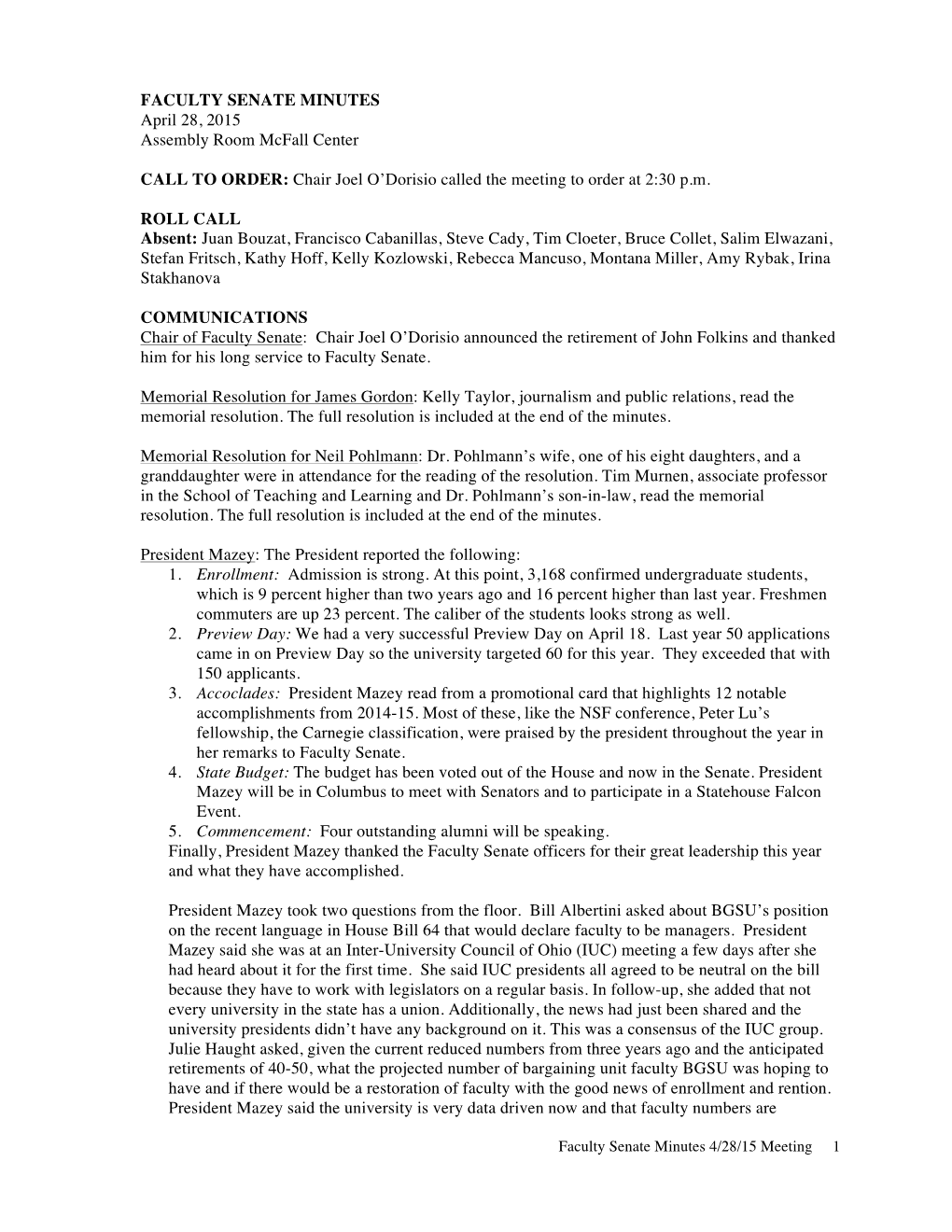 FACULTY SENATE MINUTES April 28, 2015 Assembly Room Mcfall Center