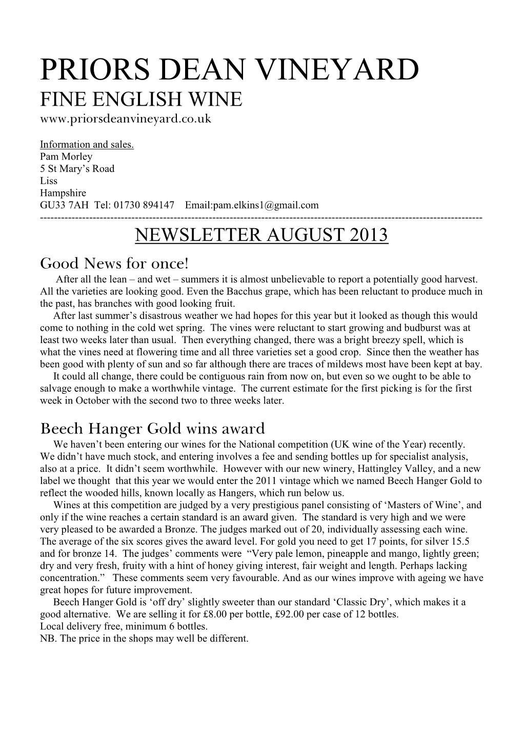 Priors Dean Vineyard Newsletter August 2013