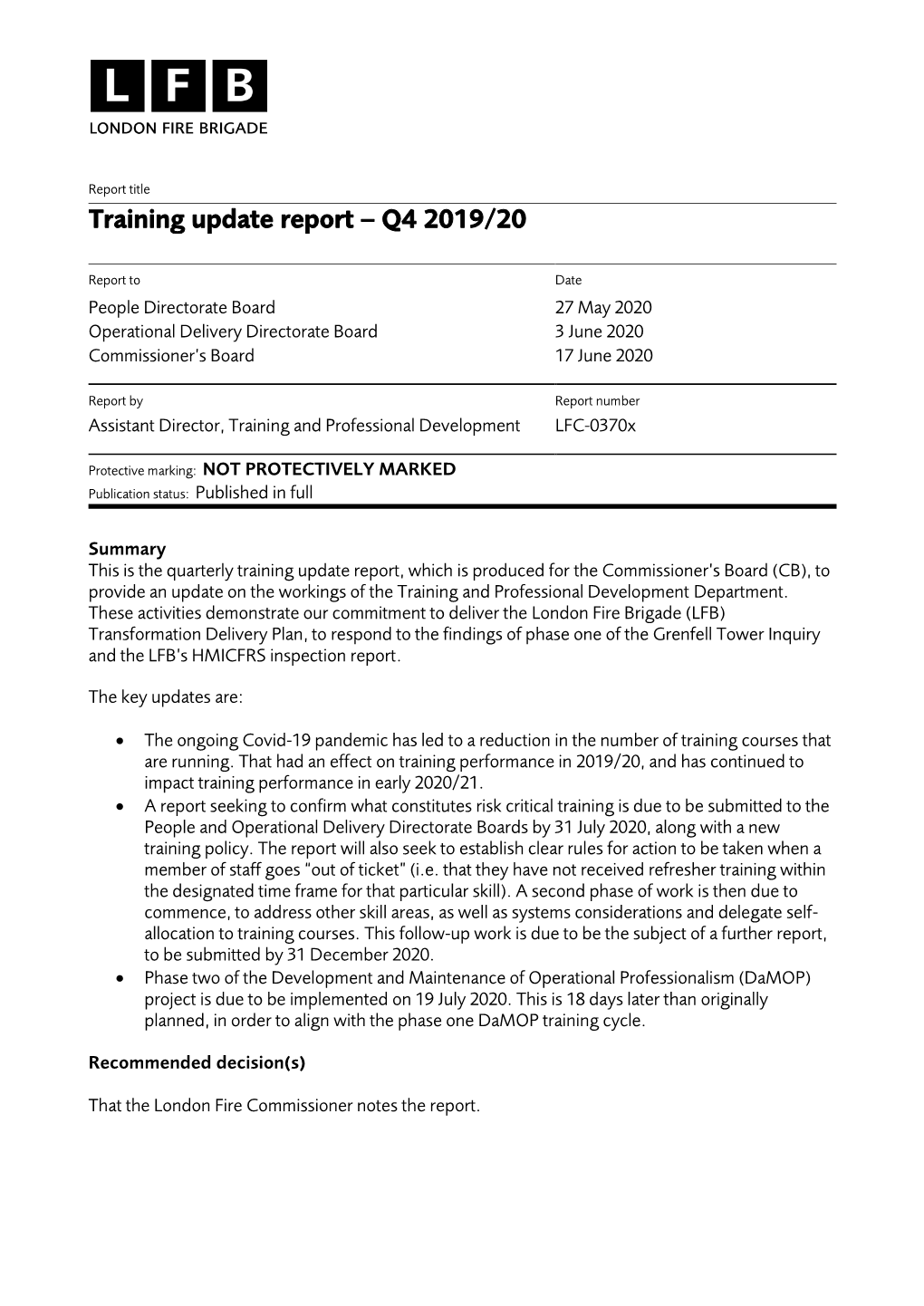 Training Update Report – Q4 2019/20