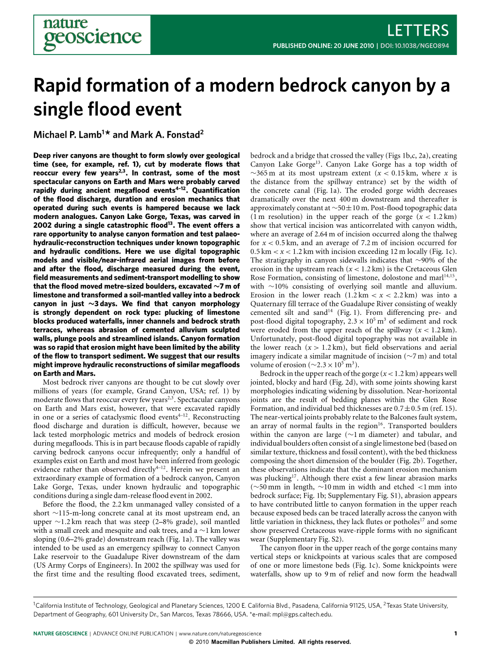Rapid Formation of a Modern Bedrock Canyon by a Single Flood Event