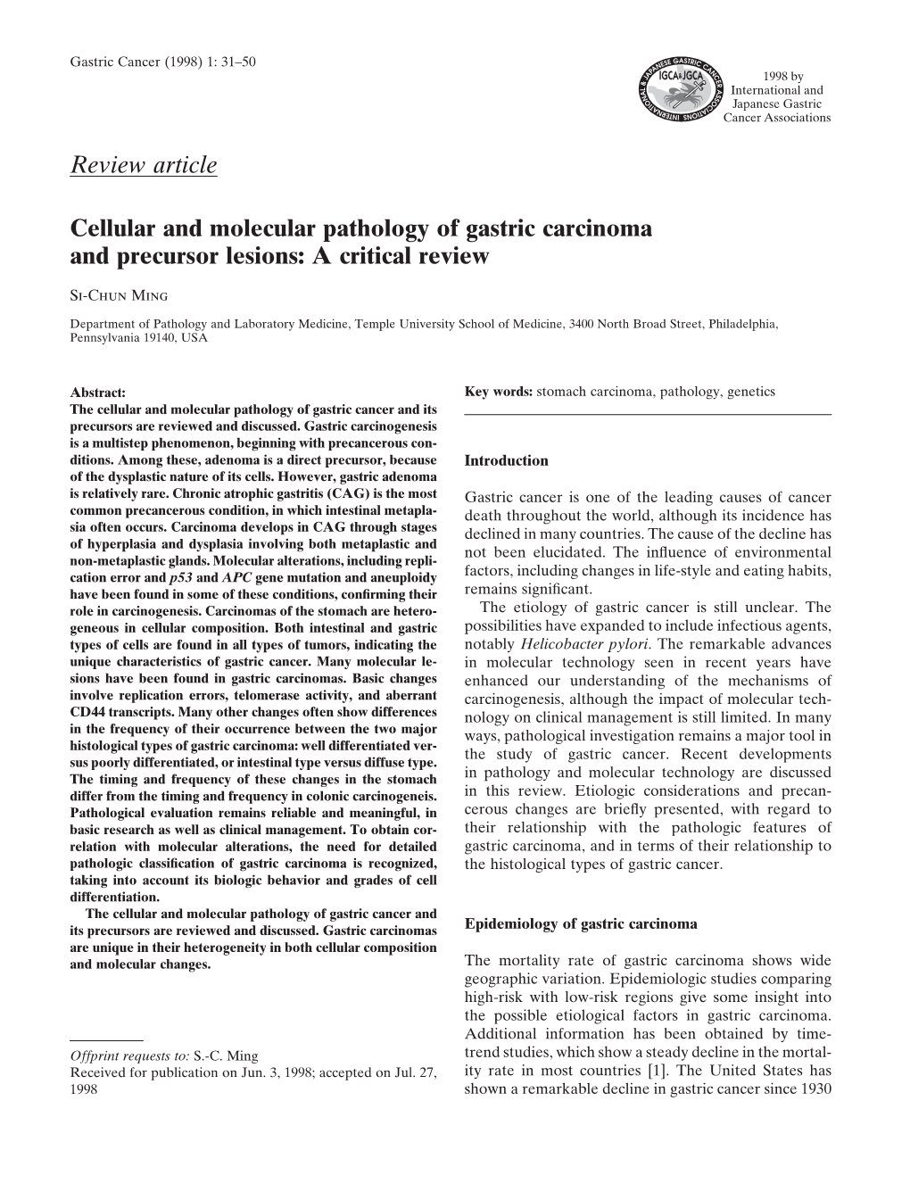 Review Article Cellular and Molecular Pathology of Gastric Carcinoma And