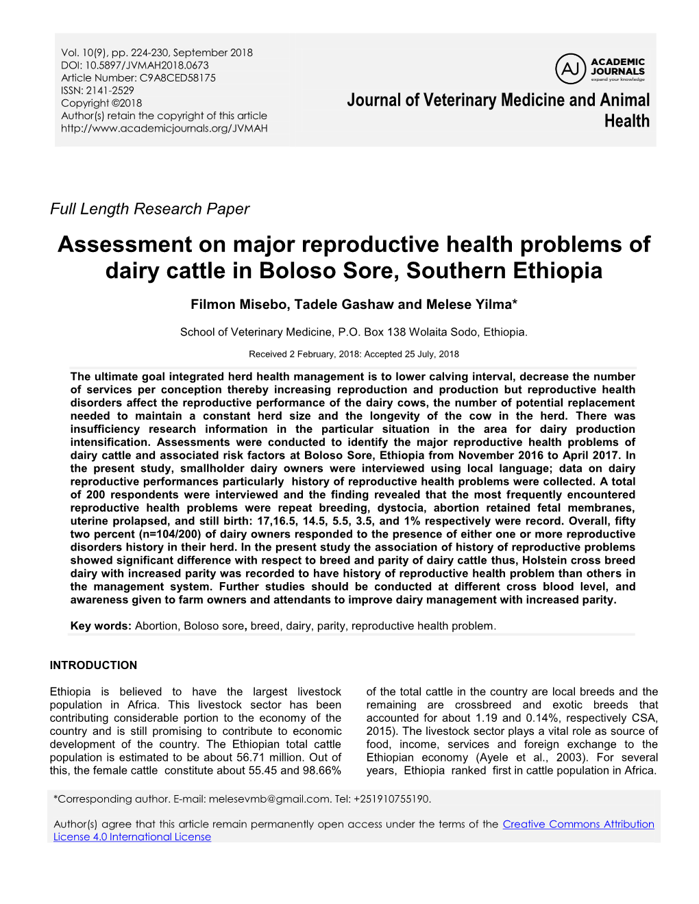 Assessment on Major Reproductive Health Problems of Dairy Cattle in Boloso Sore, Southern Ethiopia