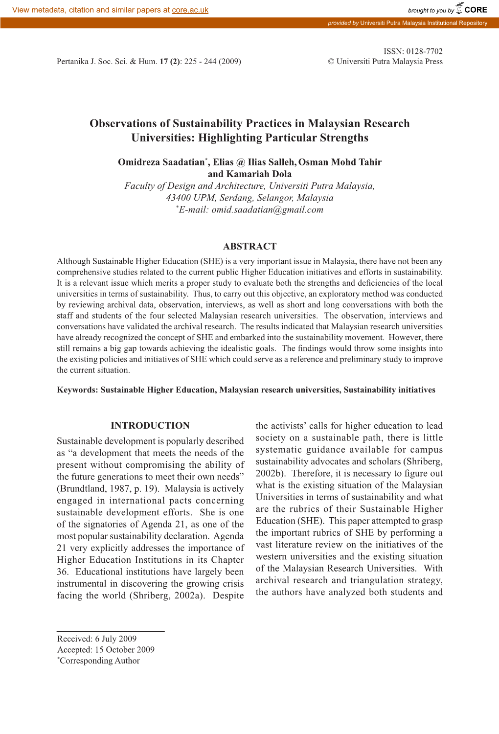 Observations of Sustainability Practices in Malaysian Research Universities: Highlighting Particular Strengths