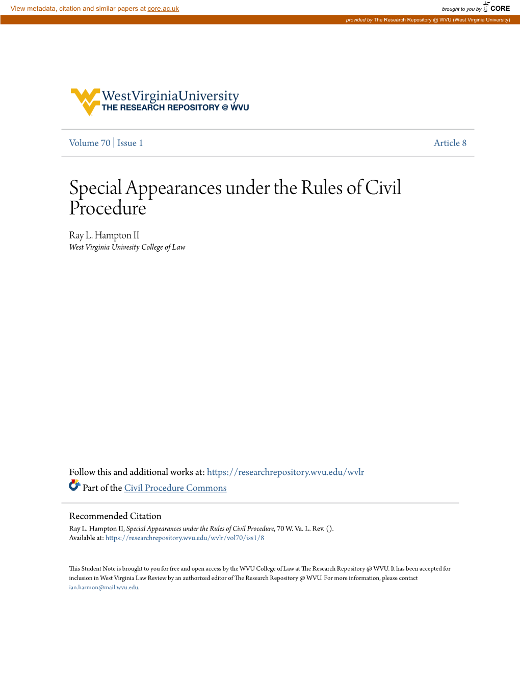 Special Appearances Under the Rules of Civil Procedure Ray L