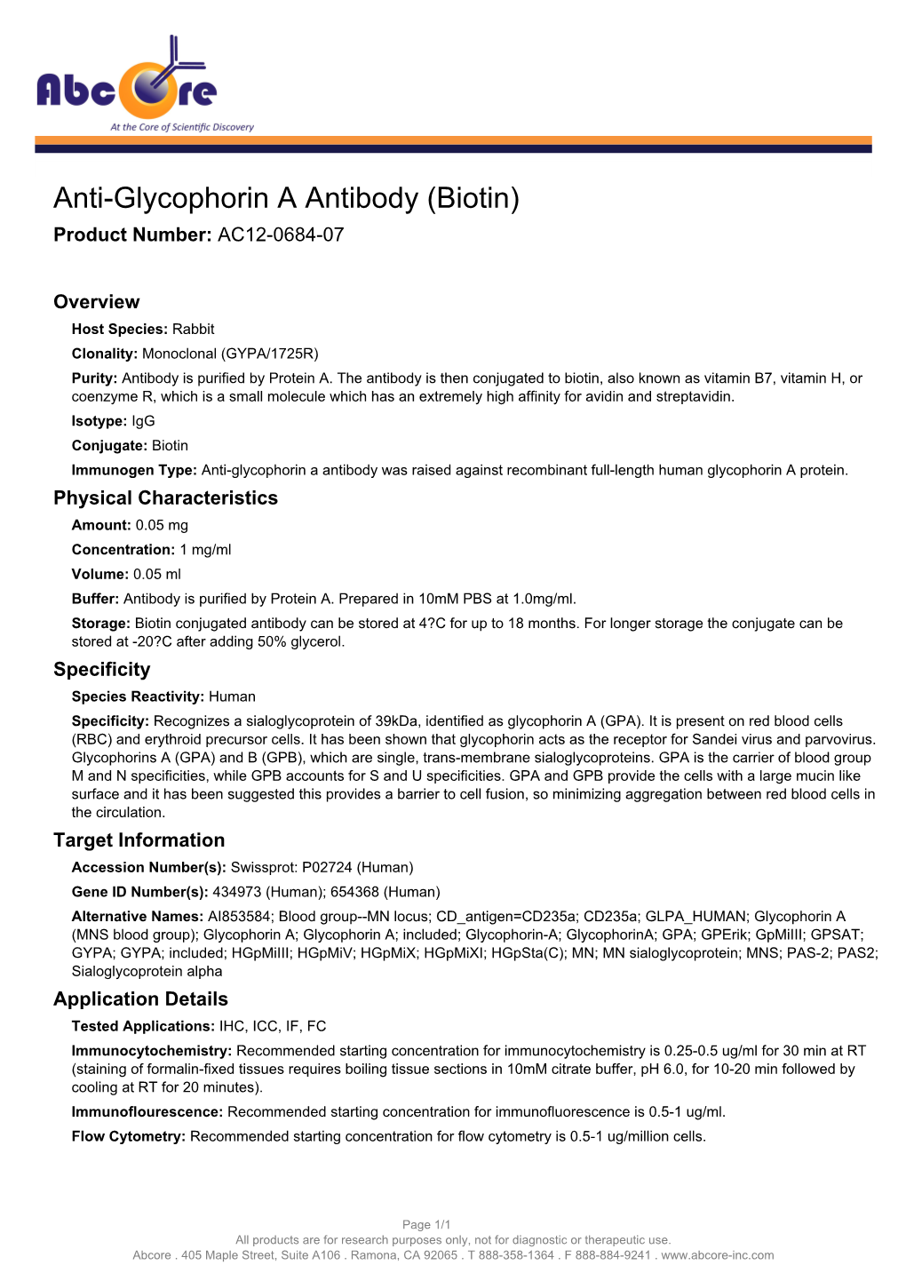 Anti-Glycophorin a Antibody (Biotin) Product Number: AC12-0684-07